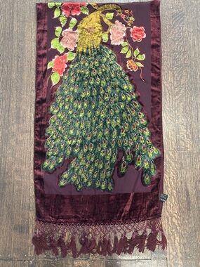 Vintage Beaded Velvet Peacock Scarf Wrap Burnout Silk Blend Boho Luxe 68x20